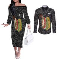 Hawaii Lei Kamehameha Couples Matching Off The Shoulder Long Sleeve Dress and Long Sleeve Button Shirt Ele'ele Seamless Pattern Hibiscus Flower LT9 Black - Polynesian Pride