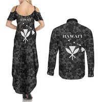 Hawaii Lei Kamehameha Couples Matching Summer Maxi Dress and Long Sleeve Button Shirt Ele'ele Seamless Pattern Hibiscus Flower
