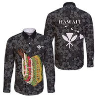 Hawaii Lei Kamehameha Family Matching Mermaid Dress and Hawaiian Shirt Ele'ele Seamless Pattern Hibiscus Flower LT9 Dad's Shirt - Long Sleeve Black - Polynesian Pride