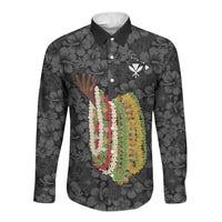 Hawaii Lei Kamehameha Long Sleeve Button Shirt Ele'ele Seamless Pattern Hibiscus Flower LT9 Unisex Black - Polynesian Pride