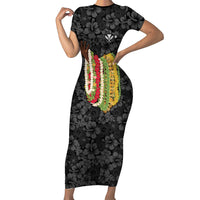 Hawaii Lei Kamehameha Short Sleeve Bodycon Dress Ele'ele Seamless Pattern Hibiscus Flower LT9 Long Dress Black - Polynesian Pride