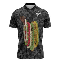 Hawaii Lei Kamehameha Zipper Polo Shirt Ele'ele Seamless Pattern Hibiscus Flower LT9 Black - Polynesian Pride