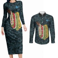 Hawaii Lei Kamehameha Couples Matching Long Sleeve Bodycon Dress and Long Sleeve Button Shirt Uliuli Seamless Pattern Hibiscus Flower LT9 Blue - Polynesian Pride
