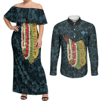 Hawaii Lei Kamehameha Couples Matching Off Shoulder Maxi Dress and Long Sleeve Button Shirt Uliuli Seamless Pattern Hibiscus Flower LT9 Blue - Polynesian Pride