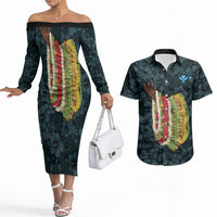 Hawaii Lei Kamehameha Couples Matching Off The Shoulder Long Sleeve Dress and Hawaiian Shirt Uliuli Seamless Pattern Hibiscus Flower LT9 Blue - Polynesian Pride
