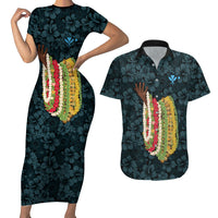 Hawaii Lei Kamehameha Couples Matching Short Sleeve Bodycon Dress and Hawaiian Shirt Uliuli Seamless Pattern Hibiscus Flower LT9 Blue - Polynesian Pride