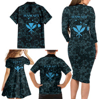 Hawaii Lei Kamehameha Family Matching Long Sleeve Bodycon Dress and Hawaiian Shirt Uliuli Seamless Pattern Hibiscus Flower LT9 Mom's Dress Blue - Polynesian Pride