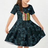 Hawaii Lei Kamehameha Kid Short Sleeve Dress Uliuli Seamless Pattern Hibiscus Flower LT9 KID Blue - Polynesian Pride