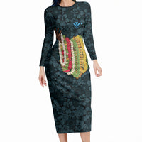 Hawaii Lei Kamehameha Long Sleeve Bodycon Dress Uliuli Seamless Pattern Hibiscus Flower LT9 Long Dress Blue - Polynesian Pride