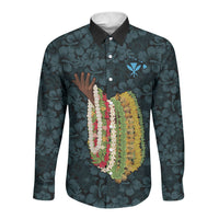 Hawaii Lei Kamehameha Long Sleeve Button Shirt Uliuli Seamless Pattern Hibiscus Flower LT9 Unisex Blue - Polynesian Pride