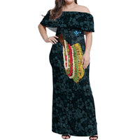 Hawaii Lei Kamehameha Off Shoulder Maxi Dress Uliuli Seamless Pattern Hibiscus Flower LT9 Women Blue - Polynesian Pride