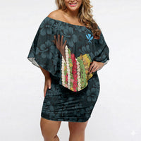 Hawaii Lei Kamehameha Off Shoulder Short Dress Uliuli Seamless Pattern Hibiscus Flower LT9 Women Blue - Polynesian Pride
