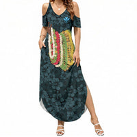 Hawaii Lei Kamehameha Summer Maxi Dress Uliuli Seamless Pattern Hibiscus Flower LT9 Women Blue - Polynesian Pride