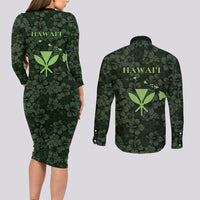 Hawaii Lei Kamehameha Couples Matching Long Sleeve Bodycon Dress and Long Sleeve Button Shirt Oma'oma'o Seamless Pattern Hibiscus Flower LT9 - Polynesian Pride