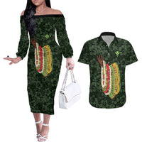 Hawaii Lei Kamehameha Couples Matching Off The Shoulder Long Sleeve Dress and Hawaiian Shirt Oma'oma'o Seamless Pattern Hibiscus Flower LT9 Green - Polynesian Pride
