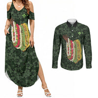 Hawaii Lei Kamehameha Couples Matching Summer Maxi Dress and Long Sleeve Button Shirt Oma'oma'o Seamless Pattern Hibiscus Flower LT9 Green - Polynesian Pride