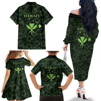 Hawaii Lei Kamehameha Family Matching Off The Shoulder Long Sleeve Dress and Hawaiian Shirt Oma'oma'o Seamless Pattern Hibiscus Flower