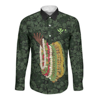 Hawaii Lei Kamehameha Long Sleeve Button Shirt Oma'oma'o Seamless Pattern Hibiscus Flower LT9 Unisex Green - Polynesian Pride