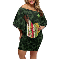 Hawaii Lei Kamehameha Off Shoulder Short Dress Oma'oma'o Seamless Pattern Hibiscus Flower LT9 Women Green - Polynesian Pride