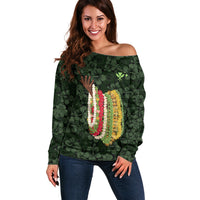Hawaii Lei Kamehameha Off Shoulder Sweater Oma'oma'o Seamless Pattern Hibiscus Flower