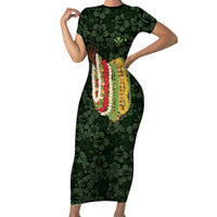 Hawaii Lei Kamehameha Short Sleeve Bodycon Dress Oma'oma'o Seamless Pattern Hibiscus Flower