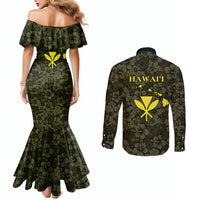 Hawaii Lei Kamehameha Couples Matching Mermaid Dress and Long Sleeve Button Shirt Melemele Seamless Pattern Hibiscus Flower