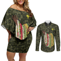 Hawaii Lei Kamehameha Couples Matching Off Shoulder Short Dress and Long Sleeve Button Shirt Melemele Seamless Pattern Hibiscus Flower LT9 Yellow - Polynesian Pride