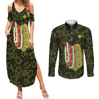 Hawaii Lei Kamehameha Couples Matching Summer Maxi Dress and Long Sleeve Button Shirt Melemele Seamless Pattern Hibiscus Flower