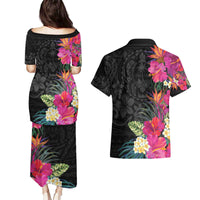 Hafa Adai Guam Couples Matching Puletasi and Hawaiian Shirt Tropical Flowers Colorful Vibes