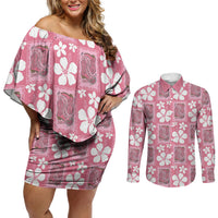 Give Cancer The Boot Pink Cowgirl Couples Matching Off Shoulder Short Dress and Long Sleeve Button Shirt Western Aloha Hibiscus Paniolo Heritage Floral LT9 Pink - Polynesian Pride