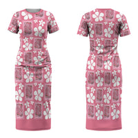 Give Cancer The Boot Pink Cowgirl Family Matching Short Sleeve Bodycon Dress and Hawaiian Shirt Western Aloha Hibiscus Paniolo Heritage Floral LT9 Mom's Dress Pink - Polynesian Pride