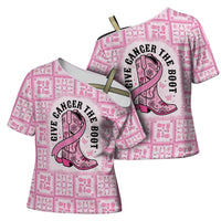 Give Cancer The Boot Pink Cowgirl Cross Shoulder Shirt Hawaiian Paniolo Mixed Quilt Pattern Style LT9 - Polynesian Pride