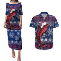 Samoa Manuia Le Kirisimasi Couples Matching Puletasi Dress and Hawaiian Shirt Samoan Fishing Tribal Pattern Christmas Vibe LT9 Red - Polynesian Pride