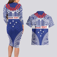 Personalised Toa Samoa Rugby Spirit Couples Matching Long Sleeve Bodycon Dress and Hawaiian Shirt Blue Samoan Tribal Pattern - Polynesian Pride