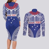 Personalised Toa Samoa Rugby Spirit Couples Matching Long Sleeve Bodycon Dress and Long Sleeve Button Shirt Blue Samoan Tribal Pattern - Polynesian Pride