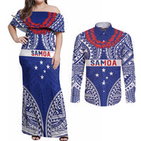 Personalised Toa Samoa Rugby Spirit Couples Matching Off Shoulder Maxi Dress and Long Sleeve Button Shirt Blue Samoan Tribal Pattern LT9 Blue - Polynesian Pride