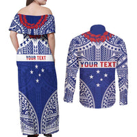 Personalised Toa Samoa Rugby Spirit Couples Matching Off Shoulder Maxi Dress and Long Sleeve Button Shirt Blue Samoan Tribal Pattern LT9 - Polynesian Pride