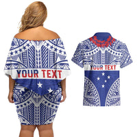 Personalised Toa Samoa Rugby Spirit Couples Matching Off Shoulder Short Dress and Hawaiian Shirt Blue Samoan Tribal Pattern - Polynesian Pride