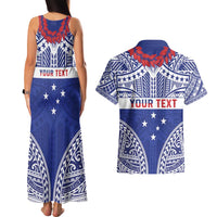 Personalised Toa Samoa Rugby Spirit Couples Matching Tank Maxi Dress and Hawaiian Shirt Blue Samoan Tribal Pattern - Polynesian Pride