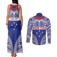 Personalised Toa Samoa Rugby Spirit Couples Matching Tank Maxi Dress and Long Sleeve Button Shirt Blue Samoan Tribal Pattern - Polynesian Pride
