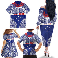 Personalised Toa Samoa Rugby Spirit Family Matching Off The Shoulder Long Sleeve Dress and Hawaiian Shirt Blue Samoan Tribal Pattern - Polynesian Pride