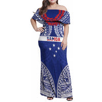 Personalised Toa Samoa Rugby Spirit Family Matching Off Shoulder Maxi Dress and Hawaiian Shirt Blue Samoan Tribal Pattern - Polynesian Pride
