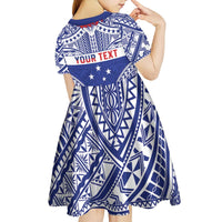 Personalised Toa Samoa Rugby Spirit Kid Short Sleeve Dress Blue Samoan Tribal Pattern - Polynesian Pride