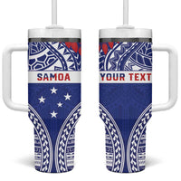 Personalised Toa Samoa Rugby Spirit Tumbler With Handle Blue Samoan Tribal Pattern - Polynesian Pride