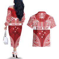 Personalised Toa Samoa Rugby Spirit Couples Matching Off The Shoulder Long Sleeve Dress and Hawaiian Shirt Red Samoan Tribal Pattern - Polynesian Pride