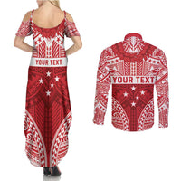 Personalised Toa Samoa Rugby Spirit Couples Matching Summer Maxi Dress and Long Sleeve Button Shirt Red Samoan Tribal Pattern - Polynesian Pride