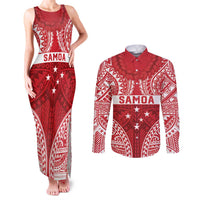 Personalised Toa Samoa Rugby Spirit Couples Matching Tank Maxi Dress and Long Sleeve Button Shirt Red Samoan Tribal Pattern - Polynesian Pride