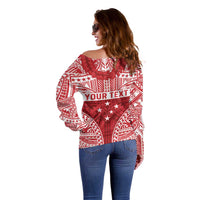 Personalised Toa Samoa Rugby Spirit Off Shoulder Sweater Red Samoan Tribal Pattern - Polynesian Pride