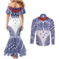 Personalised Toa Samoa Rugby Spirit Couples Matching Mermaid Dress and Long Sleeve Button Shirt White Samoan Tribal Pattern - Polynesian Pride