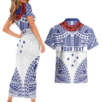 Personalised Toa Samoa Rugby Spirit Couples Matching Short Sleeve Bodycon Dress and Hawaiian Shirt White Samoan Tribal Pattern - Polynesian Pride